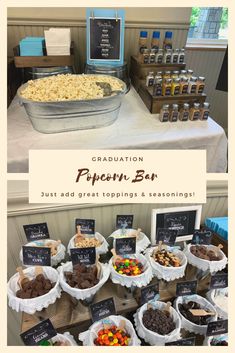 graduation popcorn bar with lots of different foods