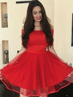 Short Red Dress, Mini Homecoming Dresses, Satin Homecoming Dress, Cheap Homecoming Dresses, Tulle Homecoming Dress, Tulle Sleeves, Party Dresses Online, Short Homecoming Dress, Mini Robes