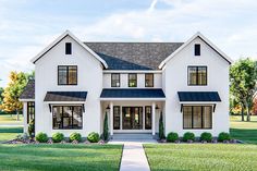 a white two story house with black trim on the front and side windows is shown