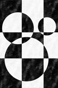 an abstract black and white pattern with three circles on one side, in the middle