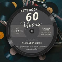 an old record with the words let's rock 60 years on it, surrounded by records