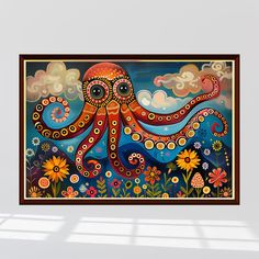 an octopus painting in a room with sun shining through the window and flowers on the floor