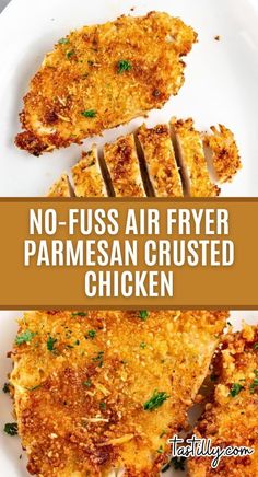 no - fuss air fryer parmesan crusted chicken on a white plate