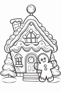 a coloring page with a house and gingerbreads in the snow, for children to color