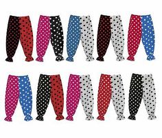 many different colored polka dots are shown on the pants, and one is black with white spots