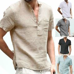 Description: 100% Brand New and high quality. Cotton linen short sleeve men's T-shirt,simple casual style, Solid color,standing collar design,fashionable city,suitable for working people. Features: Material:Polyester Color:white,grey,black,light blue,dark green,khaki Size:S,M,L,XL,2XL,3XL (1 inch =25.4mm or 1mm = 0.0393 inch) Package Includes: 1pcs Men Shirt Notice: 1. Please allow 2-3% error due to manual measurement. Please make sure you do not mind before you bid. 2. The colors may have diffe Mens Beach Shirts, Mens Henley, Linen Shirt Men, Mens Linen, Linen Casual, Tee Shirt Homme, Solid Color Shirt, Vintage Streetwear, Look Plus