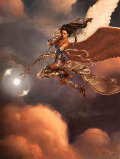 a woman flying through the air on top of a cloud covered sky with an angel