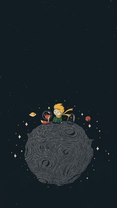 the little boy is sitting on top of the planet in space with stars and planets around him