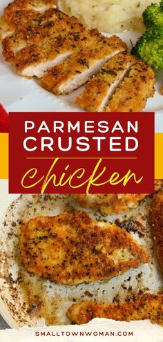 parmesan crusted chicken on a plate with broccoli and mashed potatoes