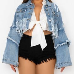 The Plus Azalea Wang Ultra Patchwork Cropped Bell Sleeve Denim Jacket Is Made From A Light Wash Denim Fabrication, And Is Complete With An Ultra Cropped Length, A Fringe Frayed Hemline, Long Bell Sleeves With Tiered Frayed Hem Details, Distressed Back Details, Two Chest Pockets, A Collared Neckline, And A Button Up Closure. - 100% Cotton - Hand Wash Cold - 17” Shoulder To Hem - 25” Sleeves Chic Denim Outerwear With Frayed Hem, Chic Denim Cropped Jacket With Long Sleeves, Chic Long Sleeve Denim Cropped Jacket, Chic Long-sleeve Denim Cropped Jacket, Spring Brunch Long Sleeve Denim Jacket, Fall Denim Jacket For Brunch, Denim Outerwear With Pockets For Brunch, Fall Denim Outerwear For Brunch, Azalea Wang