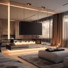 a modern living room with fireplace and large screen tv on the wall in front of it