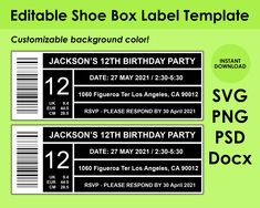 two birthday party ticket templates with the date and time for each event in green