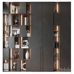 an open bookcase with many books and vases on it's shelves in front of a white wall