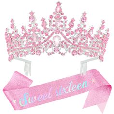 a pink tiara with the word sweet sixteen on it and a ribbon around it