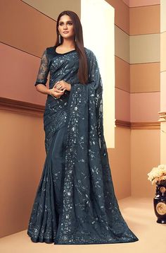 Navy Blue Saree, Saree Party, Wedding Pants, Grey Saree, Charcoal Blue, Party Sarees, Indian Silk Sarees, Indian Sarees Online, Silk Saree Blouse