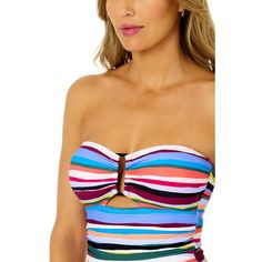 Look radiant at the beach in summer style with our Strapless Bandeau Keyhole Shirred One Piece Swimsuit. This vibrant one piece swimsuit features our bright striped pattern, a flattering strapless bandeau cut, shirred details, and a keyhole cutout for extra flair. The removable, adjustable neck strap and removable cups offer customizable support while giving you two looks to choose from. Whether you're sunbathing or taking a refreshing dip in the pool, this one piece will have you looking and fe Multicolor Tube Top For Beach, Multicolor Sleeveless Tube Top For Beach, Strapless Beachwear Tankini For Sunbathing, Strapless Tankini For Sunbathing, Summer Strapless Swimwear For Beach Season, Strapless Swimwear For Sunbathing, Summer Bandeau Tankini For Sunbathing, Strapless Summer Swimwear For Beach Season, Strapless Swimwear For Beach Season