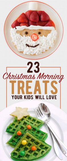 christmas morning treats for kids with santa clause on top and waffles in the shape of a tree