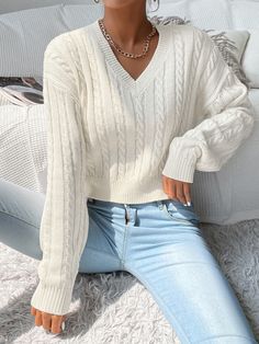 White Casual Collar Long Sleeve Fabric Plain Pullovers Embellished Non-Stretch Spring/Fall Women Clothing White Knit Sweater, Pullover Outfit, Khaki Fashion, Cable Knit Jumper, Drop Shoulder Sweaters, Women Sweater, Knit Crop Top, Sweater Sale, Cable Knit Sweater