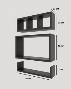 two black shelves with one open and the other closed on each side, against a gray background