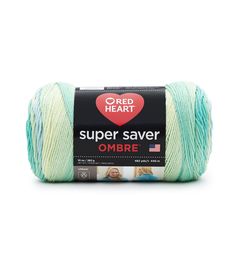 red heart super saver ombre yarn in light green and blue, on a white background