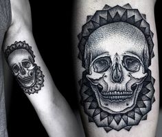 two tattoos with skulls on their arms