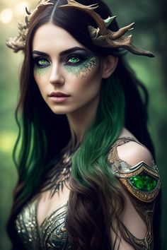 Forest Halloween Costume, Elf Warrior Female Costume, Elf Queen Makeup, Elf Queen Costume, Woodland Faerie, Forest Elf Makeup Look, Mother Earth Costume Diy, Plant Fairy, Elvish Makeup