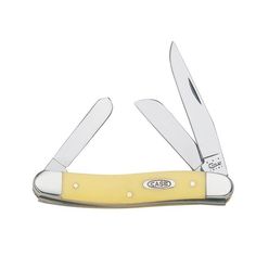 a yellow pocket knife with two blades on the front and back of it's blade