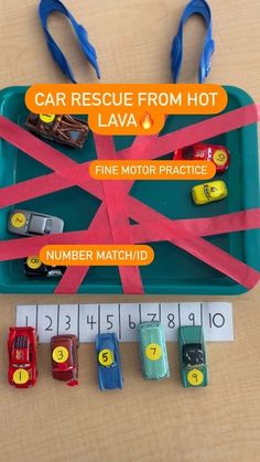 car rescue from hot lava fine motor practice number match / dispenser for cars