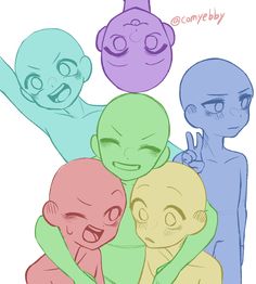 an image of five cartoon characters with different expressions on their faces and body parts, all in pastel colors