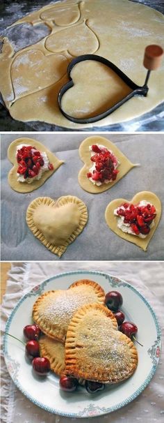 heart shaped pastries are being made with cookie dough and cherries on the table