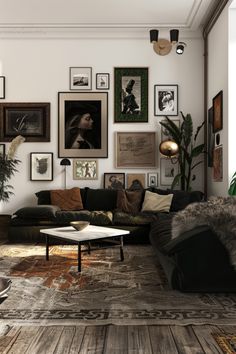 a living room filled with furniture and pictures on the wall