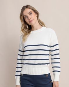 We're falling for the Haisley Stripe Crewneck Sweater. The relaxed fit with ribbed hems offers effortless comfort and timeless fall style. The rich color palette and stripes add personality to any outfit you create with the Haisley Sweater. Style: 11111 Fall Workwear Sweater With Striped Hem, Striped Sweater With Ribbed Cuffs For Work, Father Son Outfits, Blue And White Sweater, Womens Matching Sets, Striped Knitted Sweater, Oversized Pullover, Future Fashion, Kids Pants