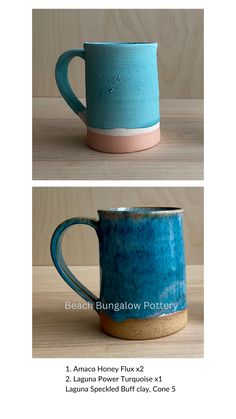 two mugs with different colors on them, one is blue and the other is pink