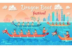 dragon boat festival in the water with people rowing on it and other boats behind them