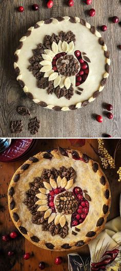 there are two pictures of different pies on the same table, one is decorated with pine cones and cherries