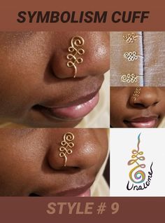 three different types of nose piercings with the words symbolism cufff on them