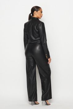 First Class Faux Leather Pants Set - Wäre Rare Chic Fall Pantsuit With Button Closure, Black Fall Pantsuit For Office, Black Fall Office Pantsuit, Sleek Fall Business Casual Pantsuit, Sleek Black Leather Pants For Office, Trendy Fall Workwear Pantsuit, Trendy Fall Pantsuit For Workwear, Fall High-waisted Pantsuit For Night Out, Fall Night Out High-waisted Pantsuit