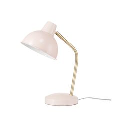 a white desk lamp with a gold metal base and a light bulb on the end