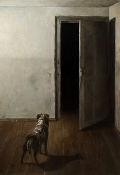 a painting of a dog in an empty room