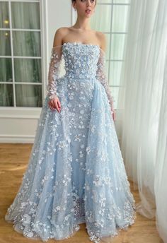 Baby Blue Serenade Gown | Teuta Matoshi Baby Blue Gown, Spring Court Dress, Pale Blue Wedding Dress, Baby Blue Formal Dress, Dress Baby Blue, Blue Gowns Elegant, Ethereal Dress Blue, Baby Blue Wedding Dress, Blue Ball Gown