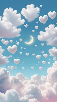 there are many hearts floating in the sky