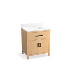 a bathroom vanity with a white sink and wood cabinetry on the side, against a white background