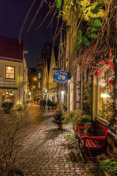 an empty cobblestone street at night