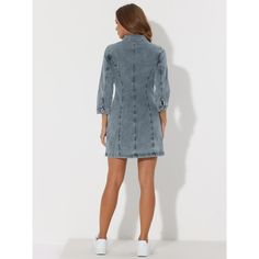 Enliven your wardrobe with this cute denim shirt dress. This piece is cut to a flattering mini length and features a classic collar neckline and the front button placket. It creates a feminine silhouette and is finished with shiny buttons and contrast stitching. Pair it with canvas trainers for the perfect off-duty ensemble. Occasion: holiday, weekend gathering, daily wear, etc. Button-up Denim Mini Dress For Work, Fitted Denim Blue Shirt Dress With Buttons, Denim Button-up Mini Dress For Work, Fitted Denim Shirt Dress With Button Closure, Fitted Collared Denim Dress With Buttoned Pockets, Mini Length Denim Dress With Button Closure For Work, Mini Denim Dress With Button Closure For Work, Fall Mini Denim Dress With Button Closure, Fitted Denim Blue Dress With Buttoned Pockets