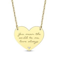 Reveal your love language with this romantic heart necklace. Your sentiment is conveyed on a heart-shaped pendant. A single round-cut diamond accent lends sparkle to the base of the design. Crafted in 14K yellow gold, the pendant suspends centered on an 18-inch rope chain that secures with a spring ring claspand is adjustable from 16 to 18 inches. You Mean The World To Me, Romantic Heart, Love Language, Love Languages, Accessories Jewelry Necklace, Rope Chain, Round Cut Diamond, Spring Rings, Heart Necklace