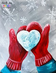 two hands holding a heart in the middle of snowflakes on a gray background