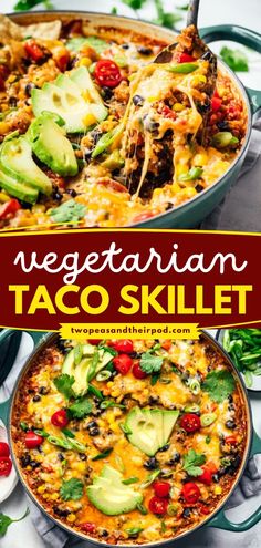 Looking for more vegetarian food ideas for dinner? Try this Vegetarian Taco Skillet! It's made with beans, quinoa, vegetables, cheese, and your favorite Mexican flavors. Pin this delicious vegetarian dinner recipe! Vegetarian Taco Skillet, Skillet Veggie Nachos, Veggie Taco Recipes, Meatless Supper Ideas, Taco Pasta Vegetarian, Meatless Gluten Free Dinners, Low Carb Dinner Recipes Vegetarian, One Pan Mexican Skillet, Vegetarian Mexican Dinner