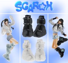 four different images of shoes and boots with the word scarish written in large letters