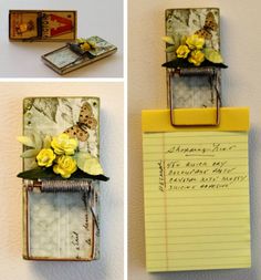 four different pictures of yellow flowers and notes attached to a post - it note holder