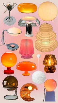 many different colored lamps on a pink background